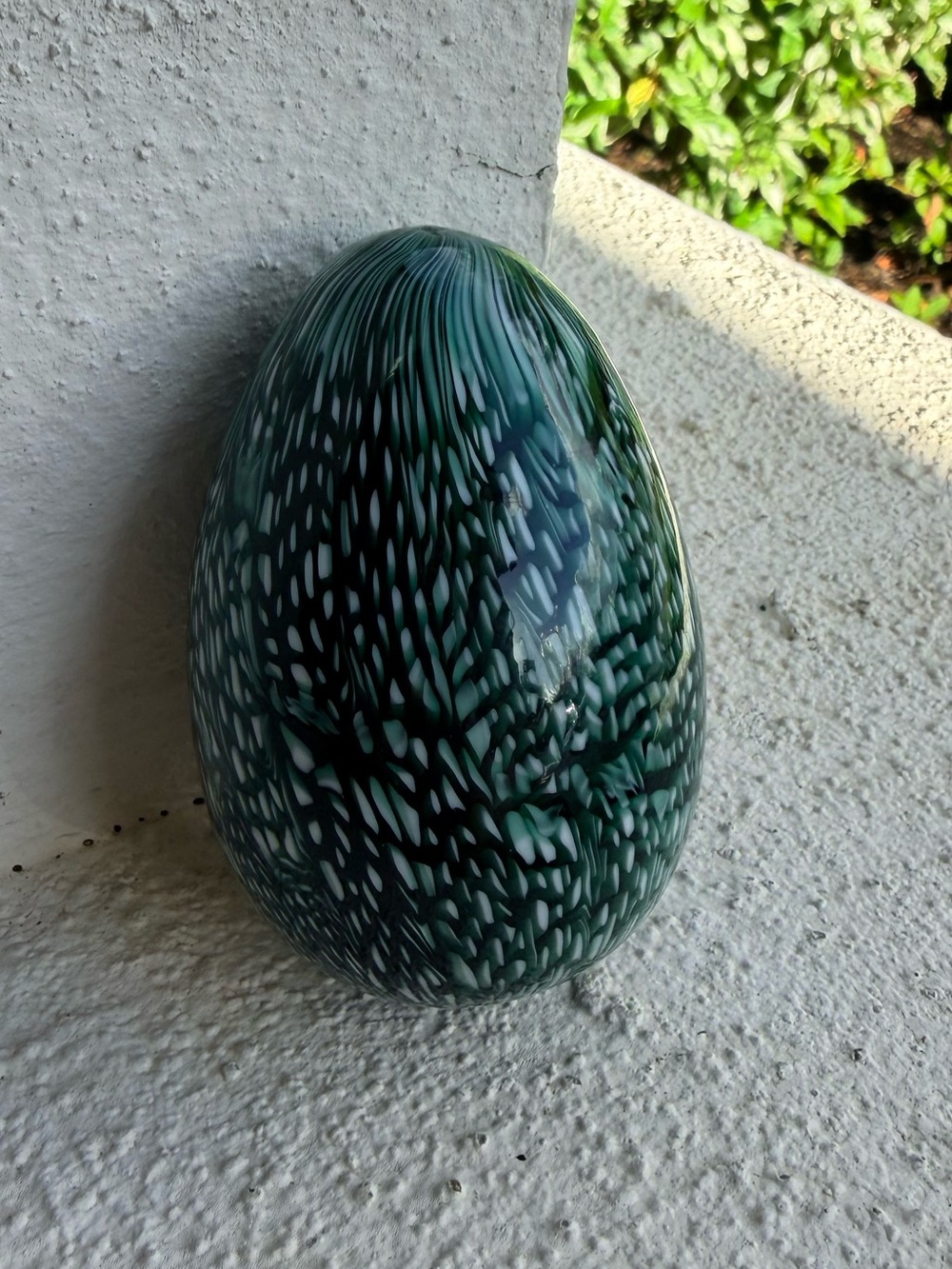 Art Glass Egg Paperweight Green White Speckled Hand Blown Decorative Glass